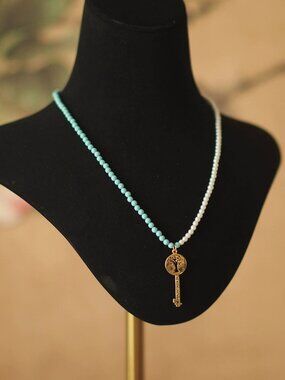 Asymmetrical Turquoise Bead White Pearl Tree of Life Key Pendant Necklace